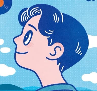 プロフィール画像:はっきりとした線で描かれたポップなイラスト。男性が前方を見上げて口角を上げている。空をイメージした青い背景。